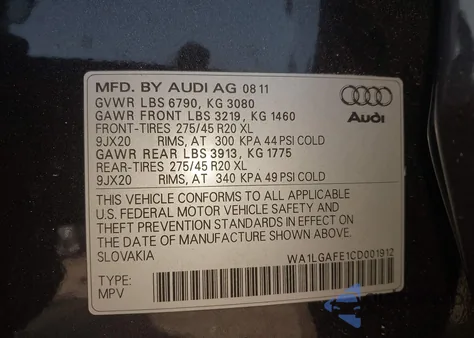 2012 Audi Q7 3.0T Premium z USA, uszkodzony, nr VIN WA1LGAFE1CD001912